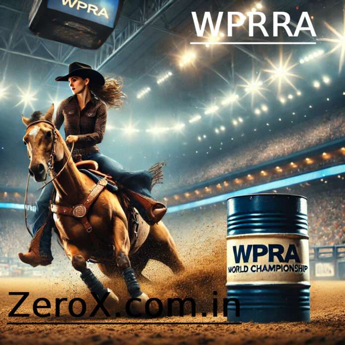 A female barrel racer at WPRA World Championship Barrel Racing making a sharp turn around a barrel, dirt flying as the horse speeds through the arena.
