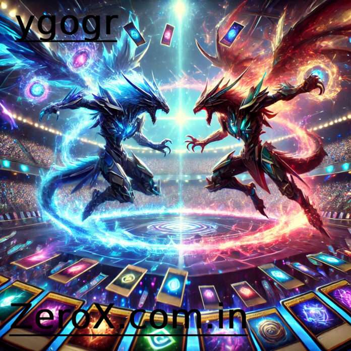 YGOgr is a thrilling fantasy battle with two powerful mystical creatures, glowing magical cards floating in the air, and an electrifying festival arena.