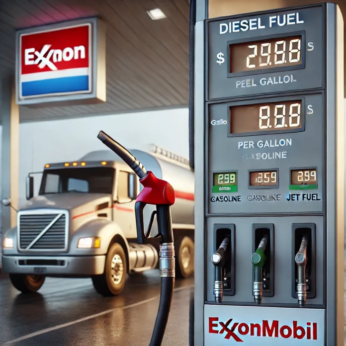 Diesel Fuel Weight Per Gallon pump at an ExxonMobil station dispensing fuel into a truck, with a digital display showing the weight of diesel fuel per gallon compared to gasoline and jet fuel.
