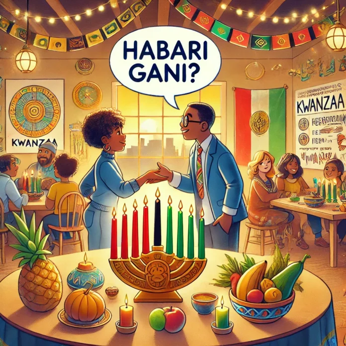 A colorful indoor Kwanzaa celebration featuring people greeting each other with “Habari Gani?”, traditional decorations, a Kinara with seven candles, fruits, and educational posters about the seven principles.