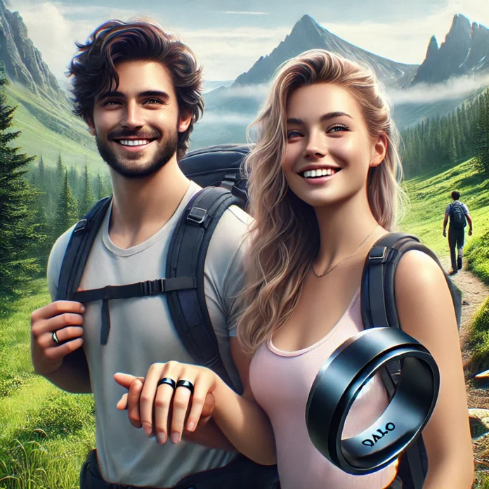 A happy, active couple hiking together, wearing matching QALO silicone wedding bands, showcasing their style, durability, and flexibility.