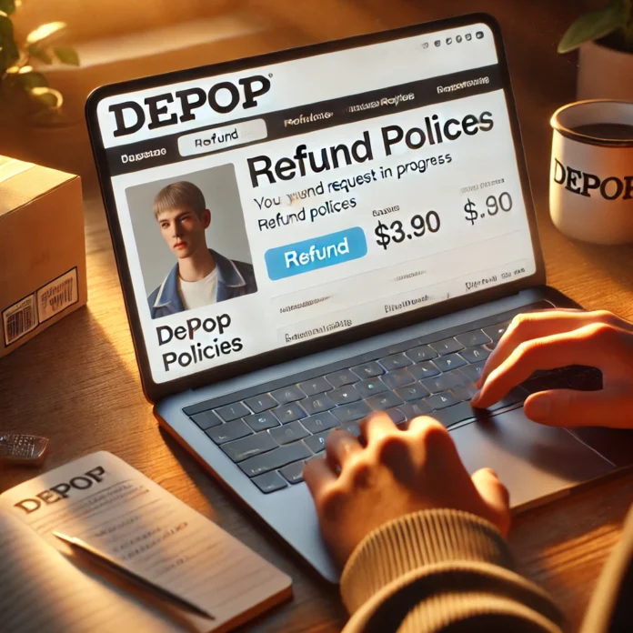 User reviewing Depop refund policy on laptop with a refund request in progress.